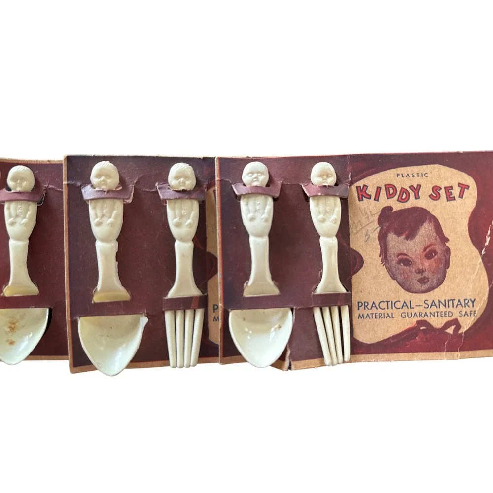 Vintage Kiddy Set Plastic Baby Fork Spoon 3 Sets Figural Doll Handle Mid Century